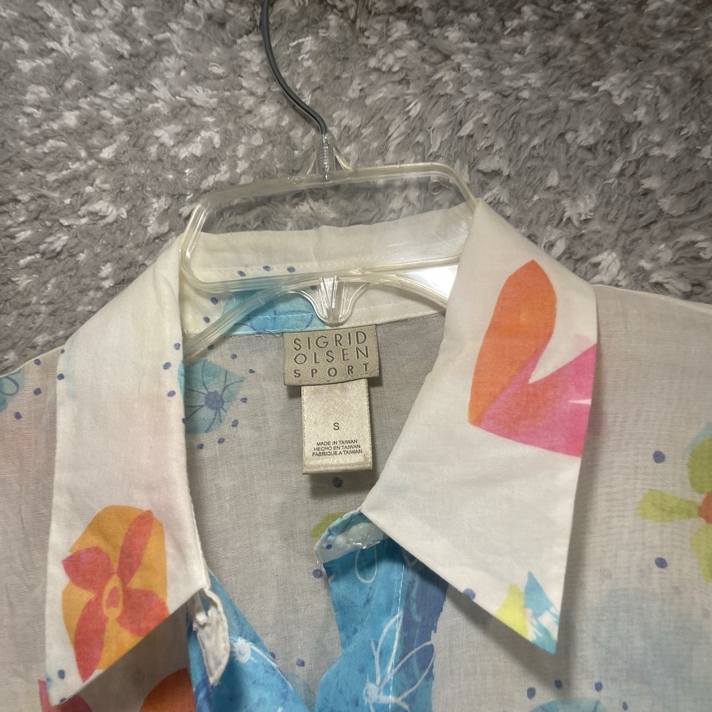 Sigrid Olsen Sport Long Sleeve Button Up Blouse Semi-sheer Aloha Colorul Beach S - Picture 3 of 11